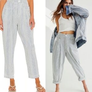 Striped High-Rise Pleated Tapered Pants - Light Blue/White